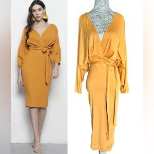 Sexy Stretch Mustard Long Sleeve Dress Kimono Sleeves Sexy Baddie Size Medium